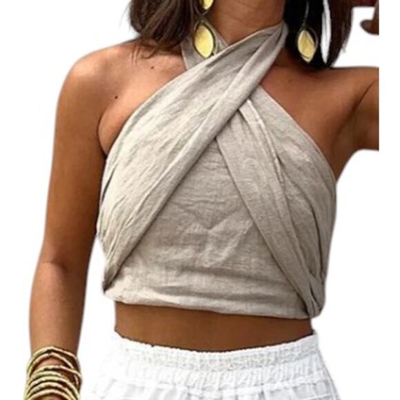 Commense Linen Cotton Halter Crop Top XL Beige Cross Front Tie Back NWT - Picture 2 of 4